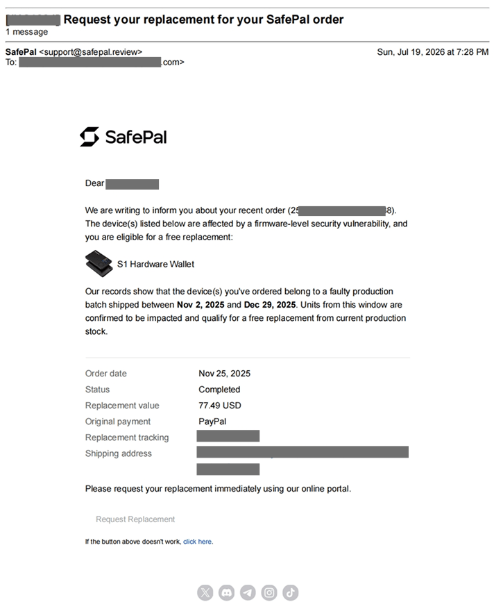 Example scam email impersonating SafePal with a fake replacement request